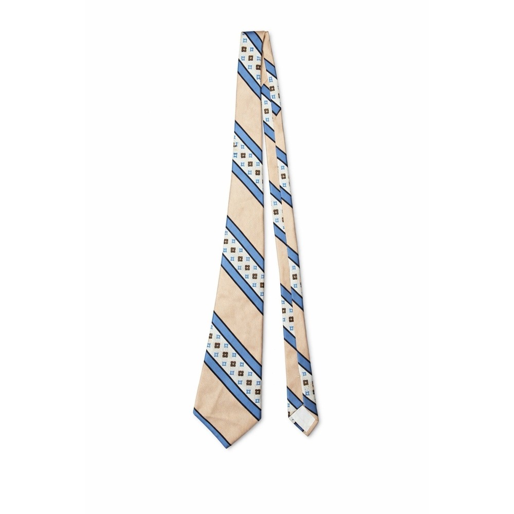 Vintage Story Cravats Silk Tie Beige Blue Geometric Striped Classic Necktie